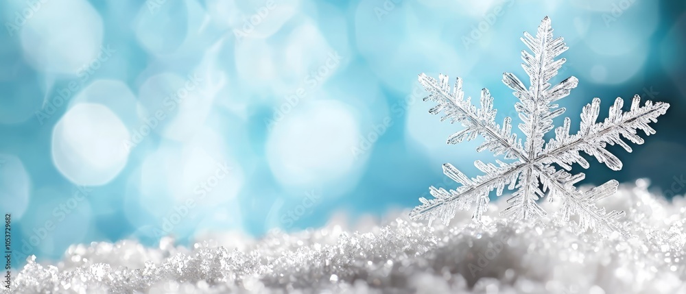 A snowflake atop a snow mound against a blurred backdrop of blue and white A snowflake atop a snow mound against a blurred backdrop of blue and white