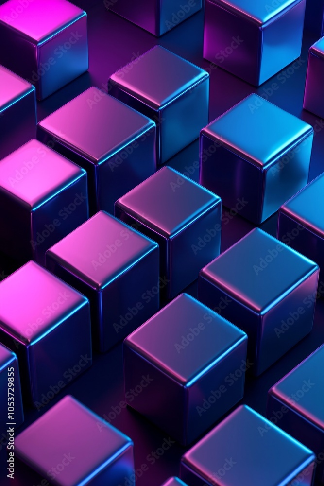 Fototapeta premium Cubes in different arrangement, dark blue and purple gradient color on a dark color background