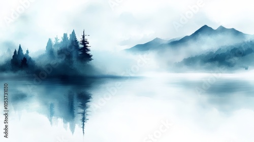  A painting of a mountain lake with trees in the foreground and a foggy sky in the background (Corrected background to back ground to maintain original wording,