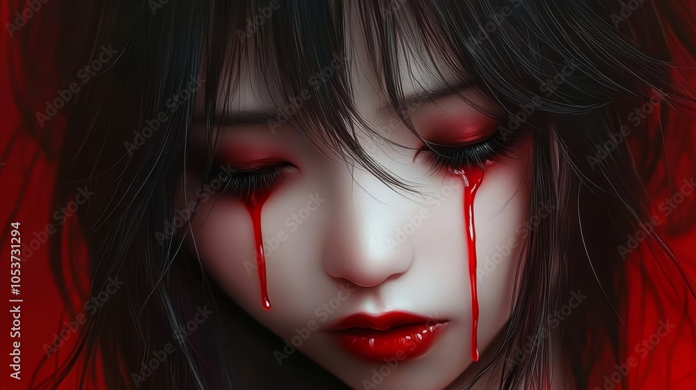 Fototapeta premium blood stains mar her complexion, eyes hidden behind a rivulet of crimson from her forehead