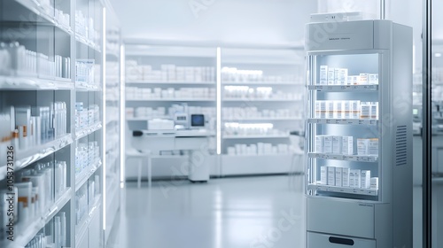 Pharmaceutical Shelves in Modern Hospital or Pharmacy Storage Room