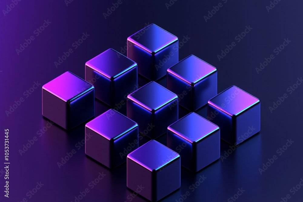 Fototapeta premium Cubes in different arrangement, dark blue and purple gradient color on a dark color background