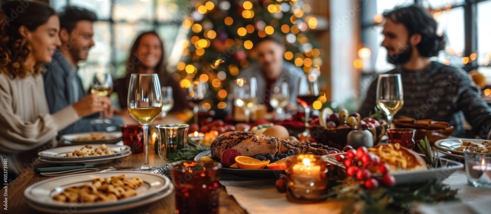 Festive dinner table setting with friends celebrating Christmas. Festive dinner table setting with friends celebrating Christmas.
