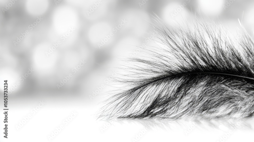 Obraz premium A black-and-white image of a bird feather with a blurred backdrop of a building
