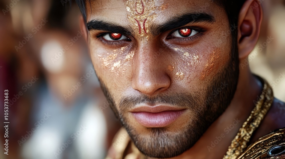 A tight shot of a man's face, completely covered in gold paint Around his neck, he wears a gold necklace A tight shot of a man's face, completely covered in gold paint Around his neck, he wears a gold necklace