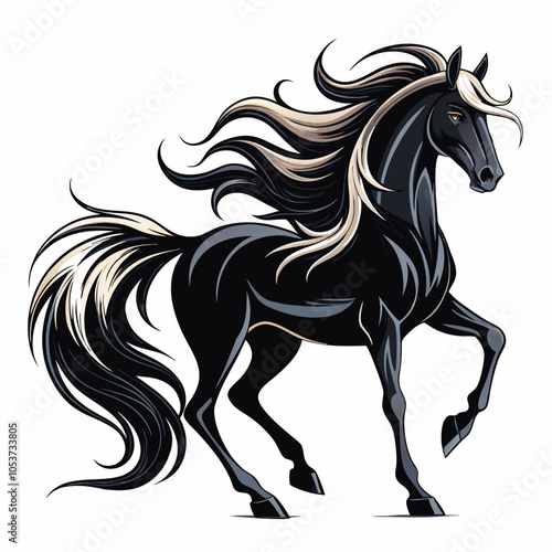 A powerful black horse with a flowing mane and tail, perfect for adding a touch of elegance to your designs. This majestic animal is an excellent choice for equestrian-themed projects, branding.