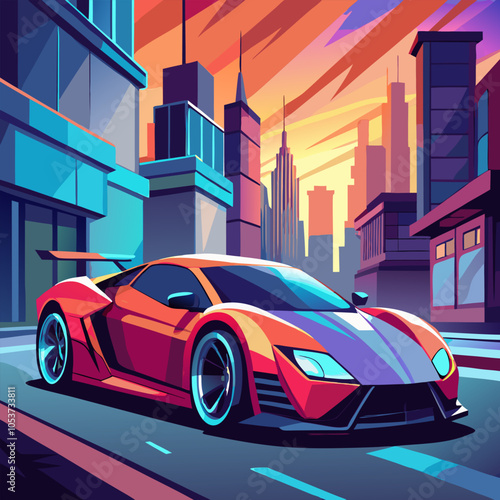 A futuristic sports car races through a city skyline at sunset, its sleek design and vibrant colors reflecting the urban energy.