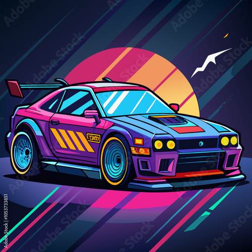 A vibrant and stylish illustration of a vintage sports car, rendered in a retro 80s aesthetic. This bold graphic features a sleek design, dynamic lines, and bold colors.