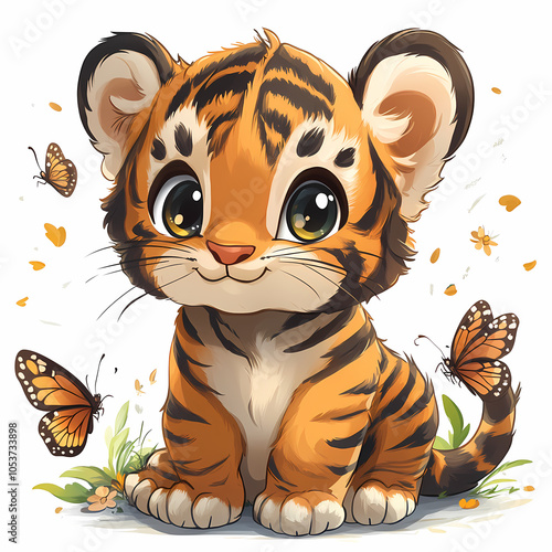 Animal stickers with a Cute cartoon baby tiger butterfly on a white background photo