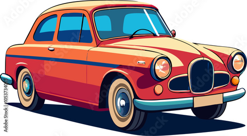 A classic car illustration, perfect for vintage-themed projects, automotive designs, or any design needing a retro touch. This charming illustration features a red sedan with a detailed exterior.