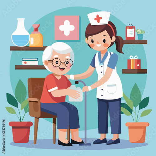 A friendly nurse helps an elderly woman with a walking stick, showing compassion and care for senior citizens.  The illustration emphasizes the importance of healthcare and support for the elderly.