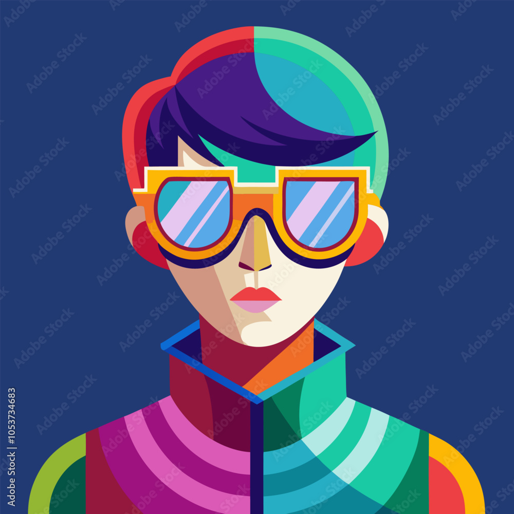 Geometric portrait of a woman wearing sunglasses, with bold colors and modern design. Perfect for adding a touch of style and individuality to your projects. Geometric portrait of a woman wearing sunglasses, with bold colors and modern design. Perfect for adding a touch of style and individuality to your projects.