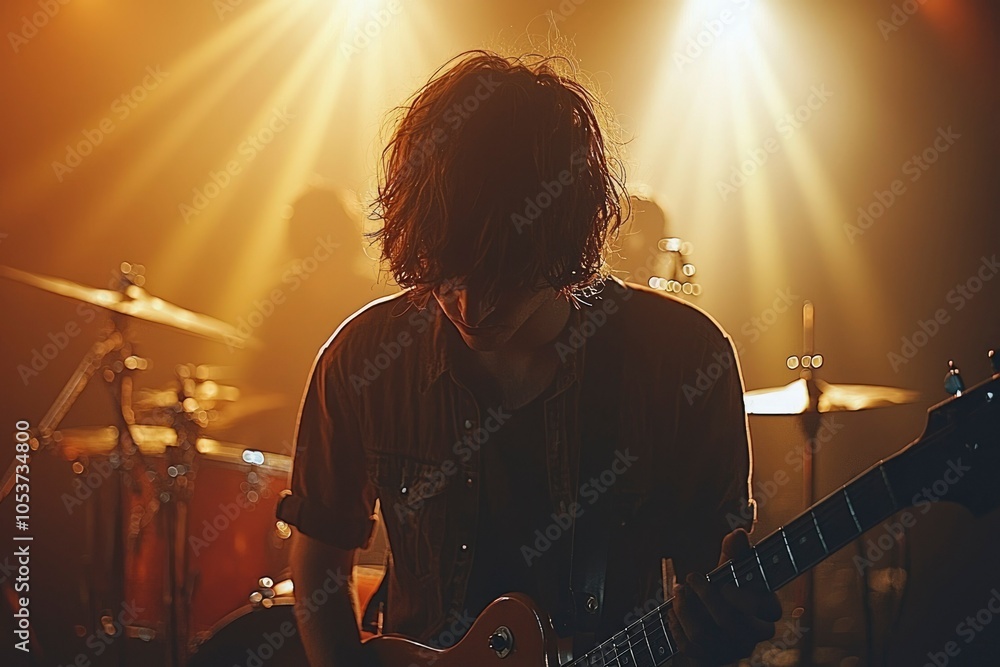 Obraz premium A Musician Playing a Guitar in a Darkened Room with Spotlights