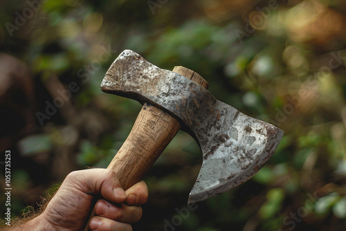 Generative AI image of a woodcutter’s hand gripping a weathered axe photo