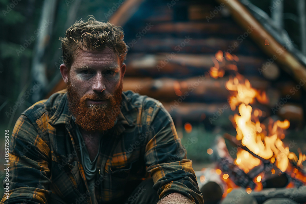 Fototapeta premium Generative AI image of a handsome virile bearded woodcutter at work in a traditional woodworking workshop
