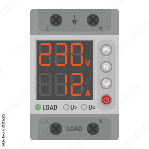 Voltage monitoring relay for DIN rail mounting. Modular relay with digital display and control buttons. Vector illustration in flat style