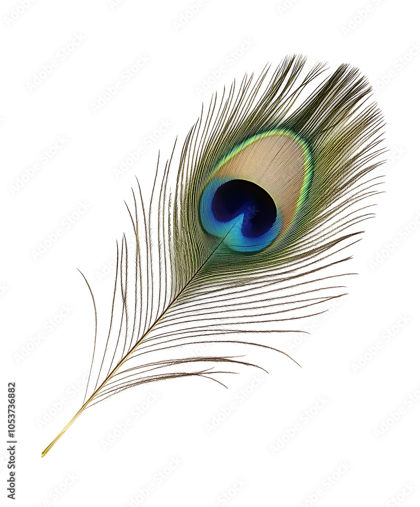 Fototapeta premium Vibrant peacock feather with an iridescent eye-spot. Isolated on transparent white background, png