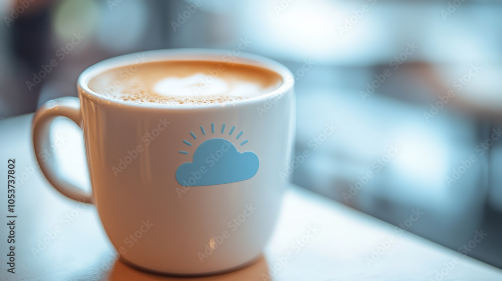 A coffee cup with a cloud logo on a table. A coffee cup with a cloud logo on a table.