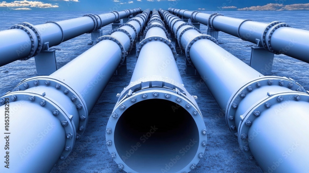 Large steel oil and gas pipelines stretch across a bright blue sky in a rural industrial landscape Large steel oil and gas pipelines stretch across a bright blue sky in a rural industrial landscape