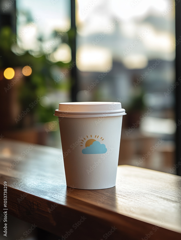Disposable coffee cup on a wooden table with background bokeh. Disposable coffee cup on a wooden table with background bokeh.