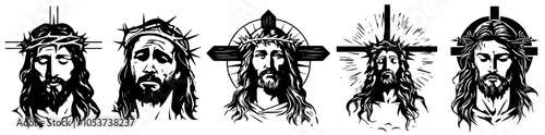 expressive Jesus faces symbolizing sacrifice vector sketch