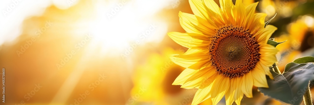Fototapeta premium A sunflower, towering in a field, with sunlight filtering through its leaves, and directly illuminating it