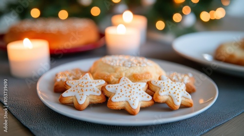 A festive Epiphany table set with candles, star-shaped cookies, and a traditional king cake, perfect for an intimate family celebration 