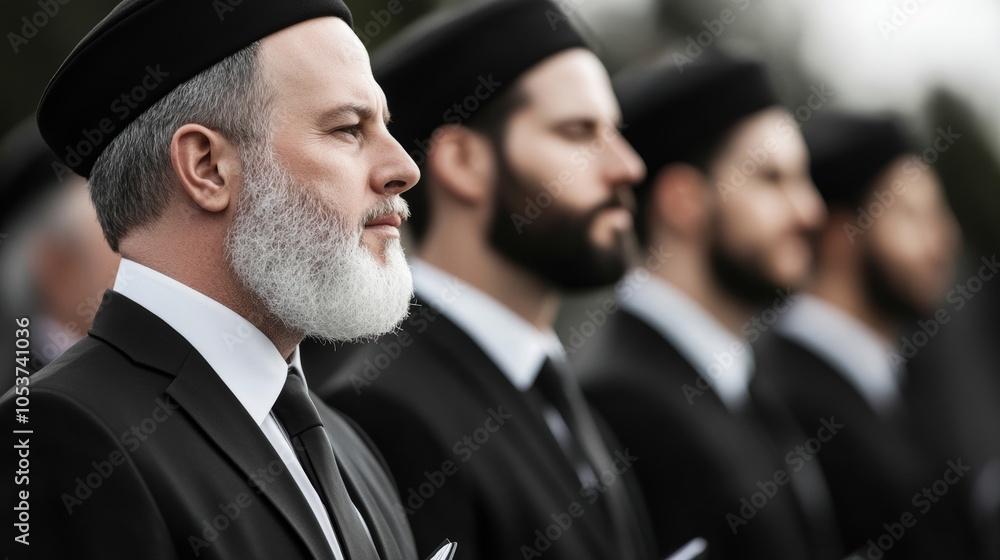 Fototapeta premium Congregation standing in prayer during Yom Kippur, with tallit and prayer books in hand, creating a moment of solemn reflection during the Jewish High Holidays 