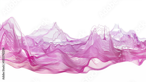 Abstract 3D visualization of undulating digital waves in a soft pink and purple palette, captured with a wide-angle lens to create a sense of vastness, high saturation for vivid colors, and a high-key photo