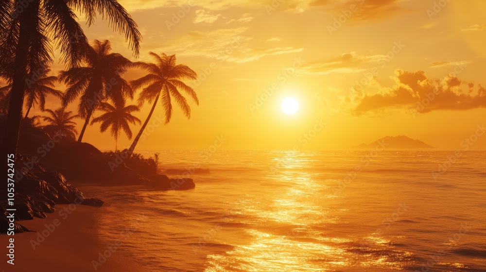 Golden sunset over a tropical beach with palm trees and ocean waves Golden sunset over a tropical beach with palm trees and ocean waves