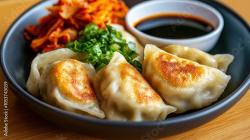 Plateful of Korean mandu dumplings, crispy and golden, served with a side of kimchi and dipping sauces for a delicious fusion meal 