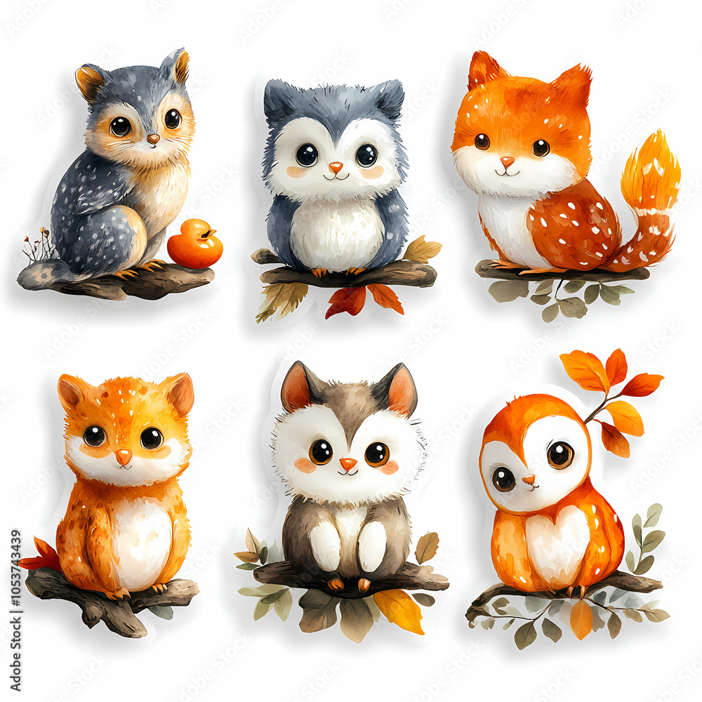 Fototapeta premium Animal stickers with a Cute cartoon owi on a white background
