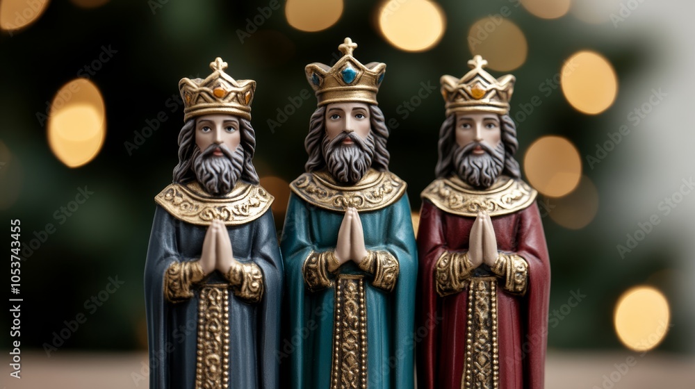 Fototapeta premium Three Wise Men statues standing proudly in front of a nativity scene, with intricate details and vibrant robes, symbolizing Epiphany 