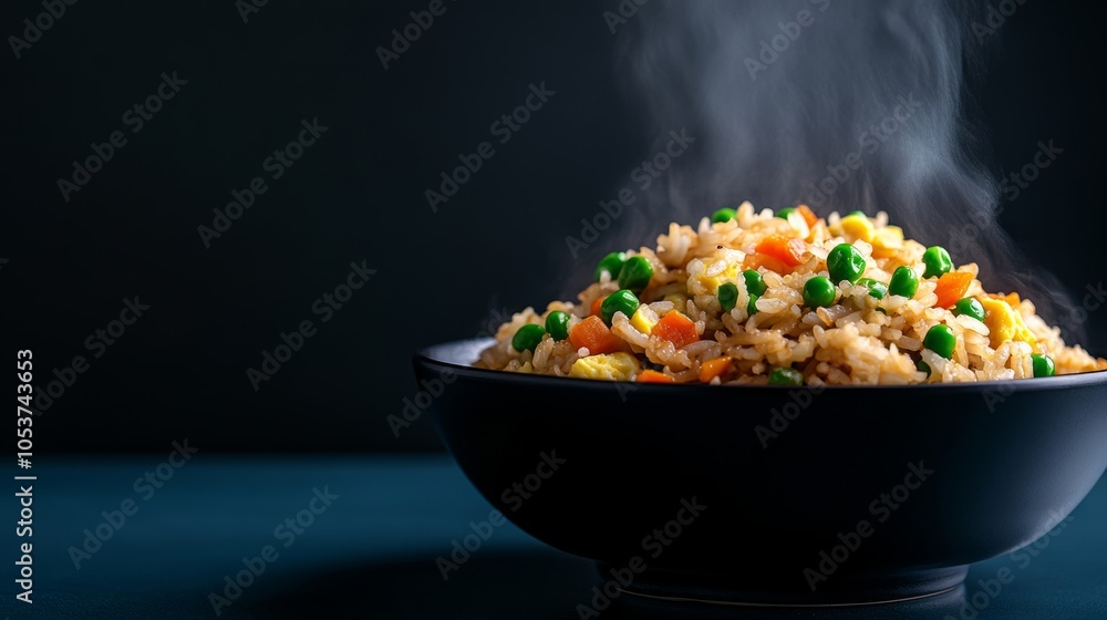 Wok-tossed stir-fried rice with egg, peas, carrots, and green onions, steaming hot and ready to serve, capturing the comfort of a classic dish Wok-tossed stir-fried rice with egg, peas, carrots, and green onions, steaming hot and ready to serve, capturing the comfort of a classic dish