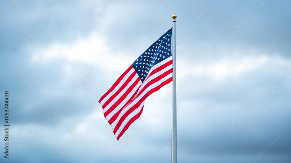 American flag flying at half-mast against a cloudy sky, with the USS Arizona Memorial in the background for Pearl Harbor Remembrance Day American flag flying at half-mast against a cloudy sky, with the USS Arizona Memorial in the background for Pearl Harbor Remembrance Day