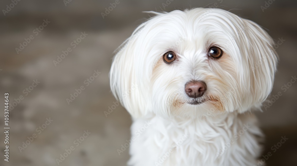  A tight shot of a white dog's expressive face gazing into the camera with a melancholic expression