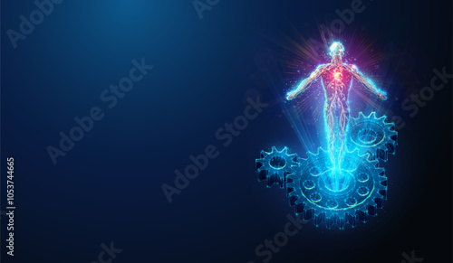 Abstract illustration of human body silhouette made of neon particles floating over low poly gears. Blue geometric background depicting health care medical industry concept by wireframe mesh