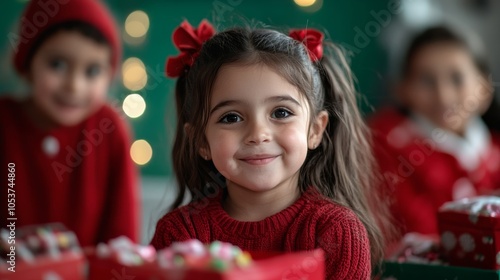 Children excitedly opening small gift bags filled with sweets, with festive stockings hanging behind them, celebrating St Nicholas Day  photo