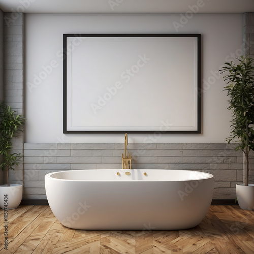 Modern Minimalist Bathroom Bathtub With A Large  Frame On The Wall, Interior Design Wall Art Mockups