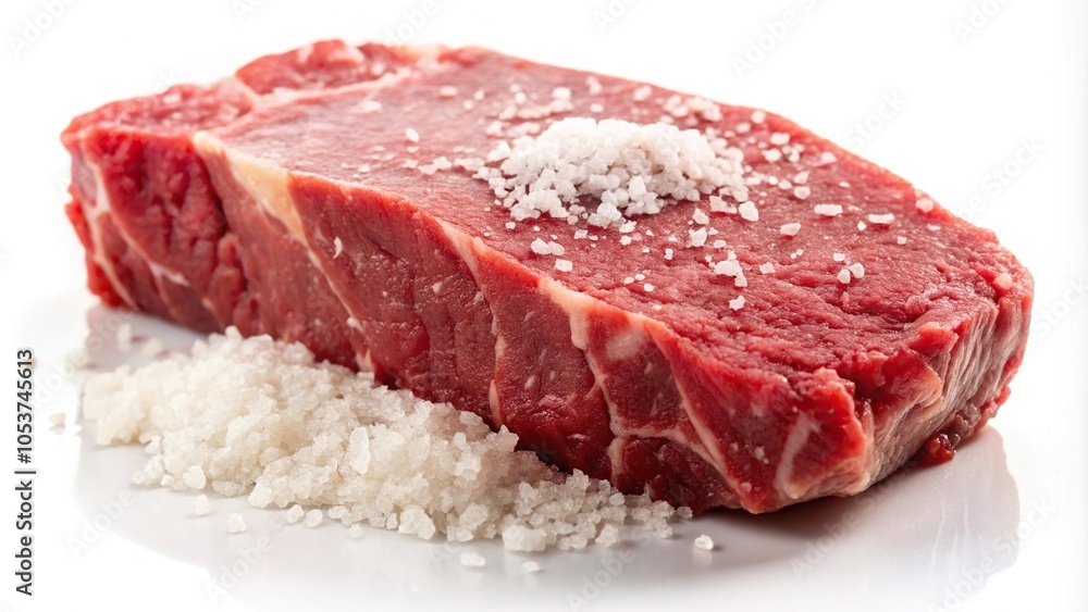 Raw beef steak with salt reflection on white background Raw beef steak with salt reflection on white background