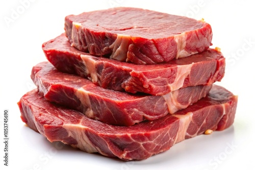 Raw beef steaks stacked on white background