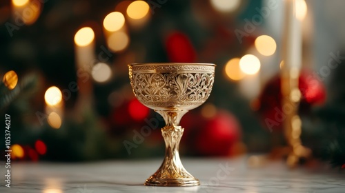 Golden chalice and ornate cross placed on a richly decorated altar, bathed in candlelight during an Orthodox Christmas service  photo