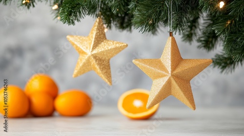 Golden star lanterns hanging above a festive table filled with sweets, oranges, and holiday décor, perfect for St Nicholas Day celebrations  photo