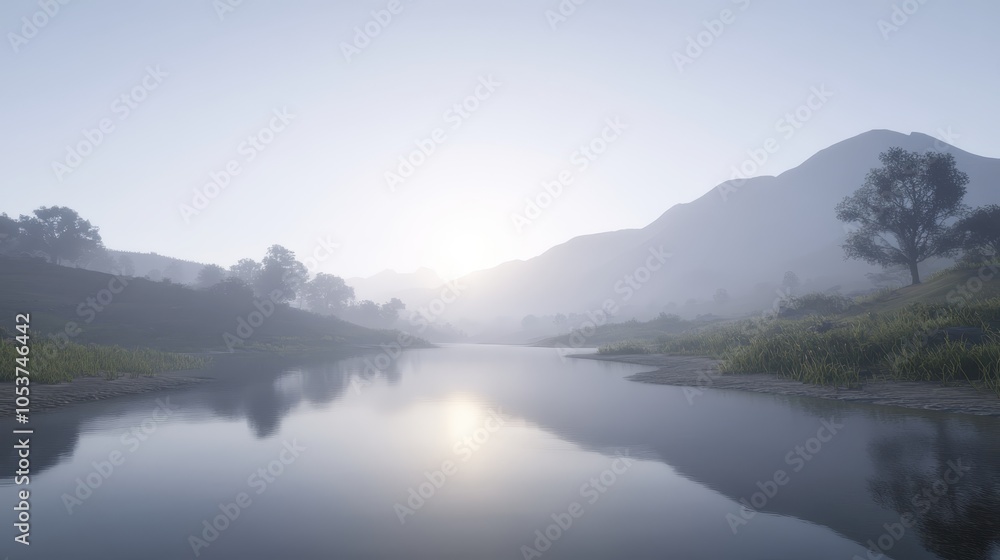 Fototapeta premium A body of water, encompassed by a verdant green field, and bordered by distant mountain ranges The sun mirrors on its surface