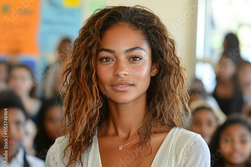 Close-up portrait of a young woman with long brown curly hair photo