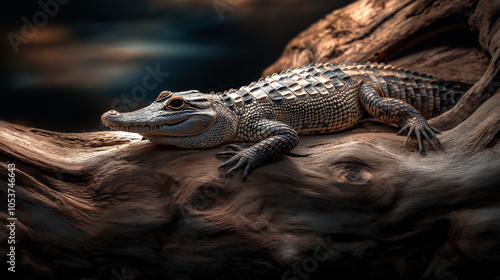 Crocodile, Large reptile with tough skin and jaws basking near driftwood