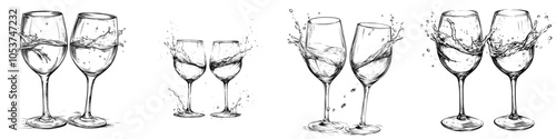 Drawing of two wine glasses with splash drinks. Hand drawn elements for label design.