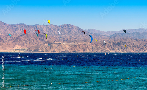 Water sport and recreation activities, sunny and windy day on the Red Sea