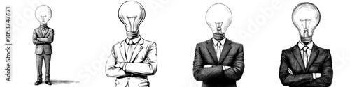 Modern illustration of a businessman with a lamp bulb in place of his head. Imitation scratch board design. Black and white hand drawing.