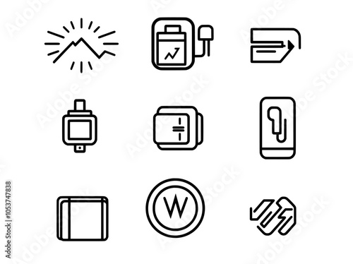 An icon set that includes batteries, smartphone power level indicators, electric charging stations and recycling lines. An icon set for UI design that shows a battery life indicator pictograms for